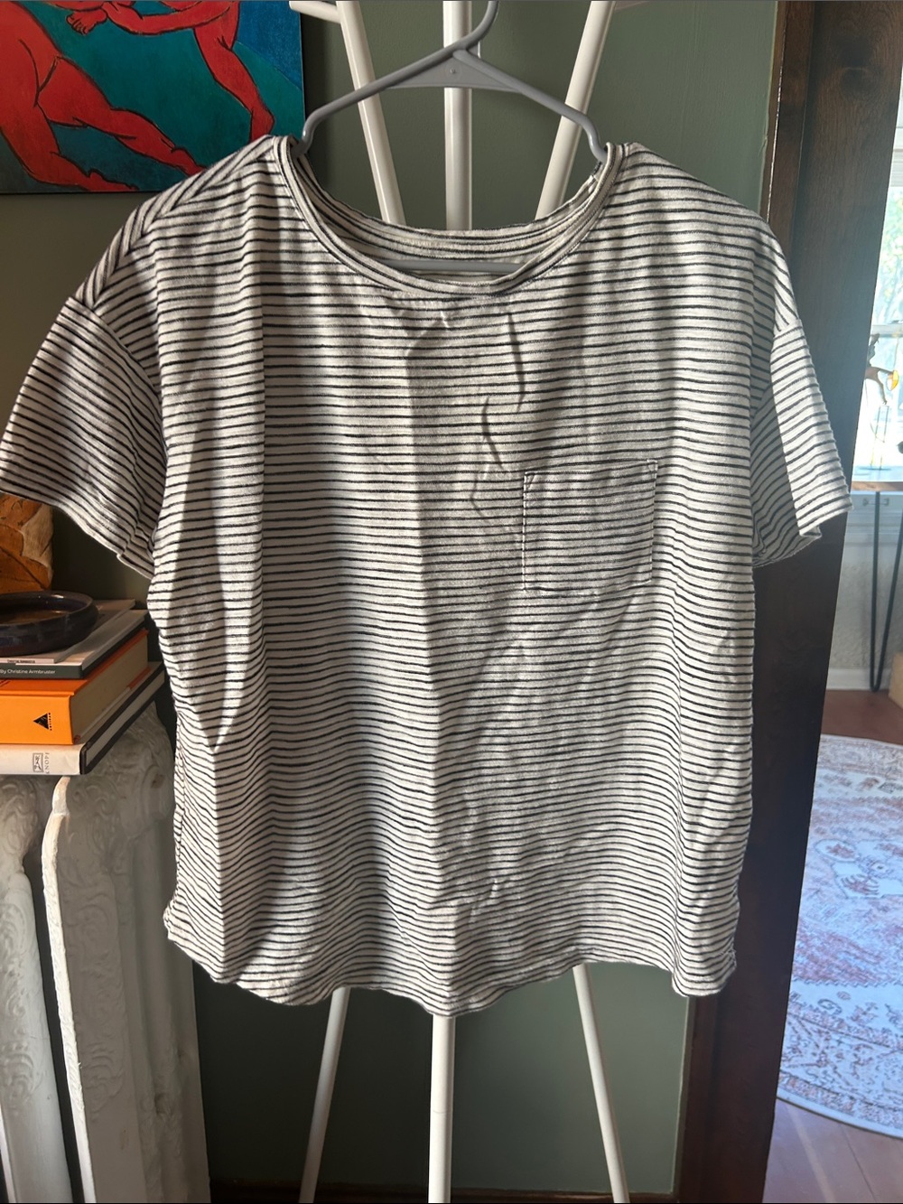 Old Navy Women's Black and White Striped Pocket Tee